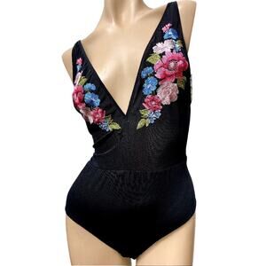 Saki Silver Vintage Indigo Blue Floral Bodysuit, Size Large, NWT!!